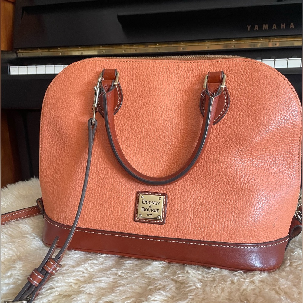 Dooney & Bourke Coral Pebble Grain Zip Satchel with Brown Trim